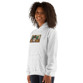 Heather gray hoodie front view with graphic print and kangaroo pocket