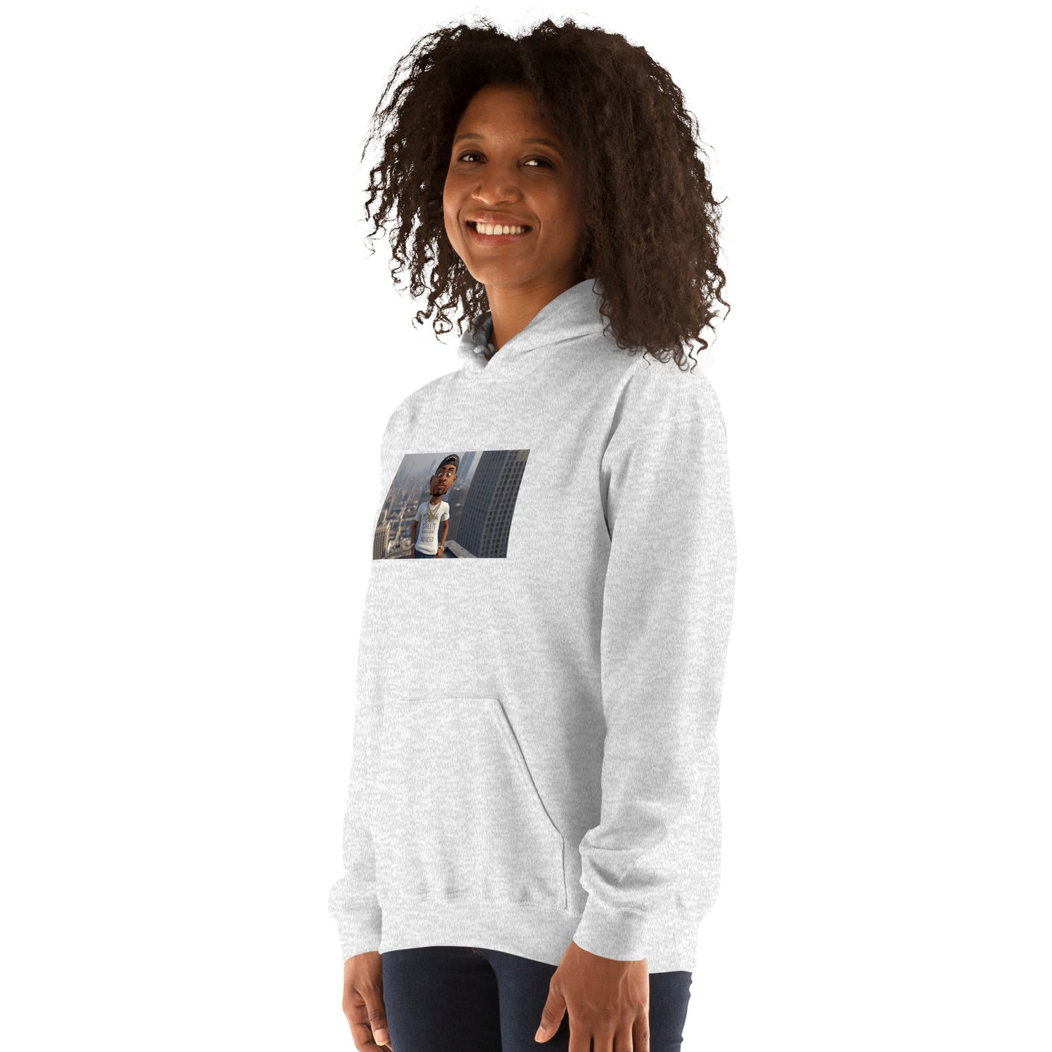 Felpa unisex grigio chiaro con cappuccio e tasca a marsupio, stampa sul petto