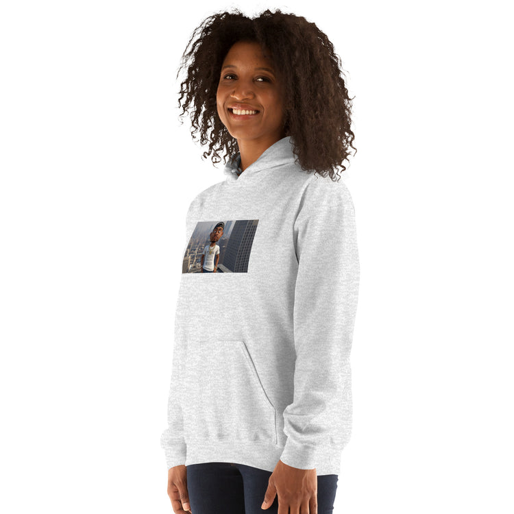 Light gray unisex pullover hoodie front three-quarter view with hood and graphic print