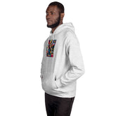 Unisex heather gray hoodie with colorful front graphic, hood and kangaroo pocket