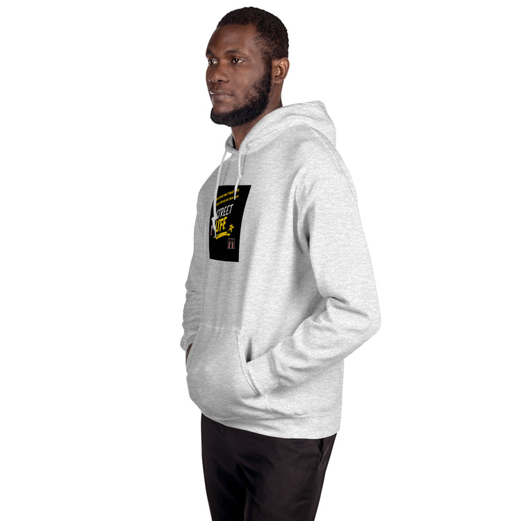 Light gray unisex hoodie with hood and chest graphic, worn with long sleeves