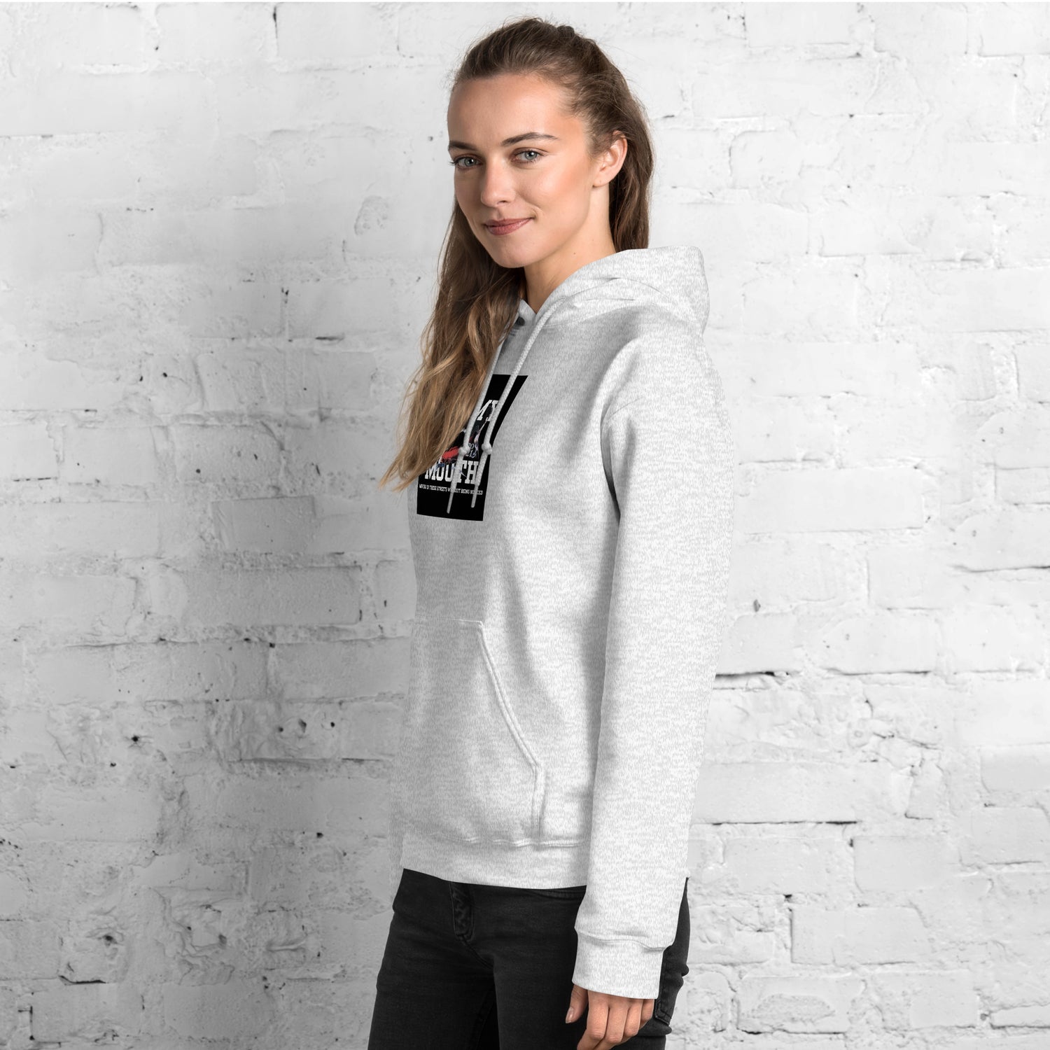 Heather grey unisex hoodie side view with chest graphic and drawstring hood