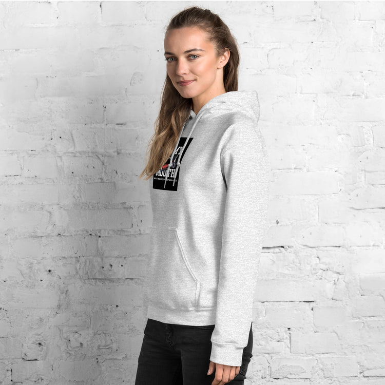 Light gray unisex hoodie with front logo patch and kangaroo pocket