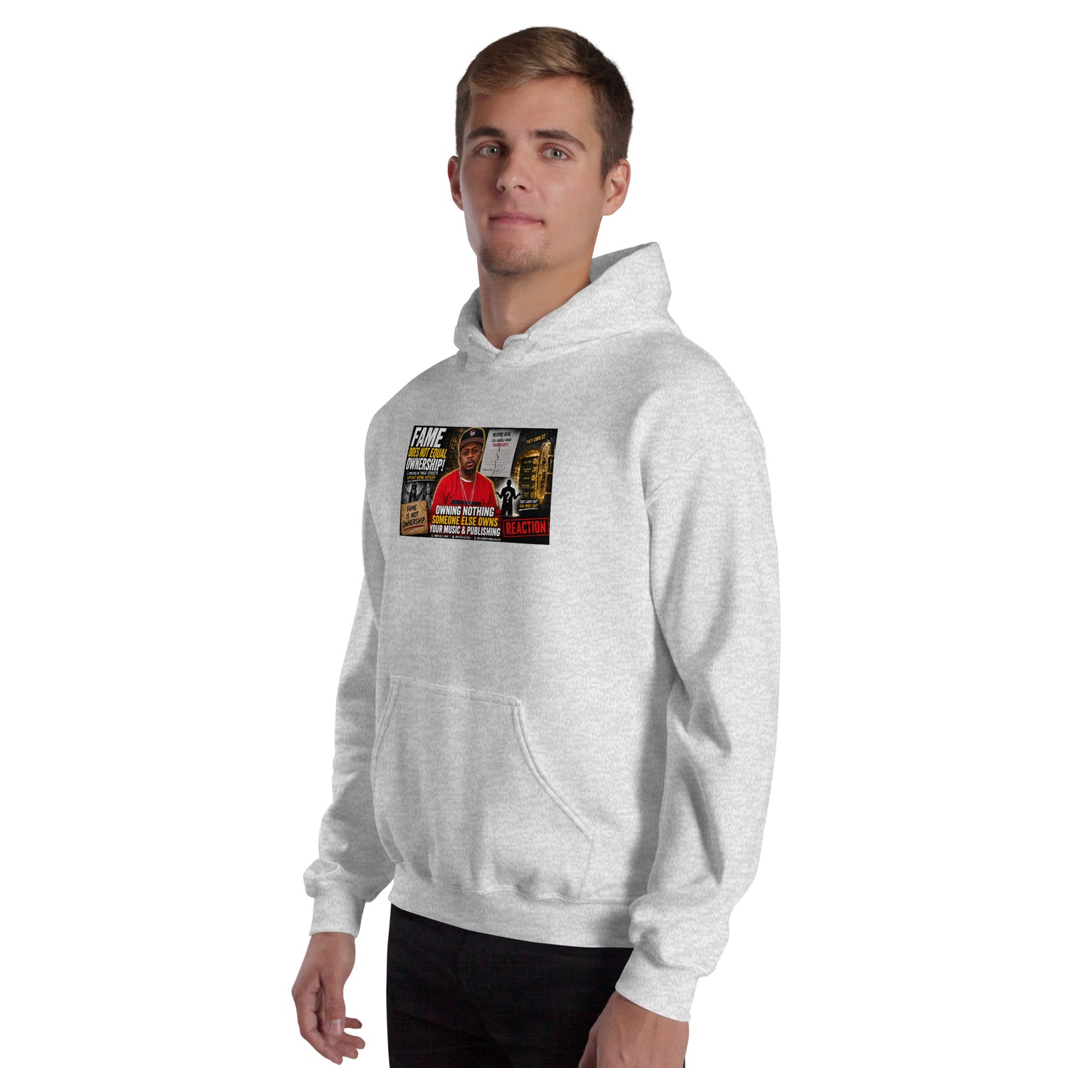Heather gray unisex hoodie with front graphic panel, hood, and kangaroo pocket