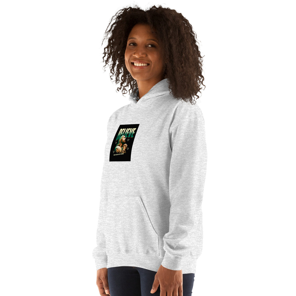 Heather gray pullover hoodie sweatshirt, front view with chest graphic and hood pocket.