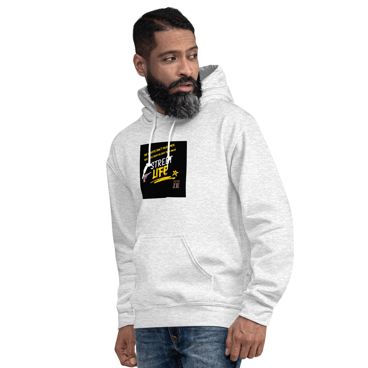 Light gray pullover hoodie with front graphic patch and kangaroo pocket