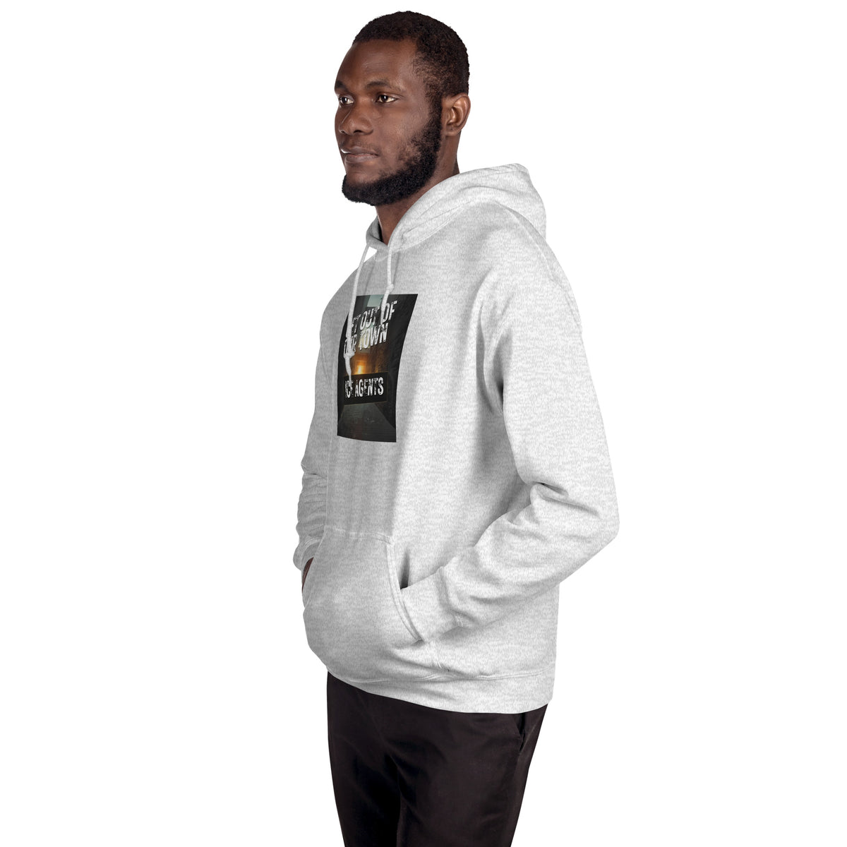 Light heather gray pullover hoodie with black chest graphic and kangaroo pocket