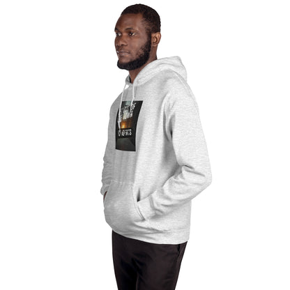 Light heather gray pullover hoodie with black chest graphic and kangaroo pocket