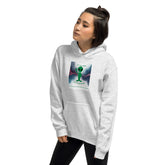 Light gray pullover hoodie with front graphic print, hood and pocket