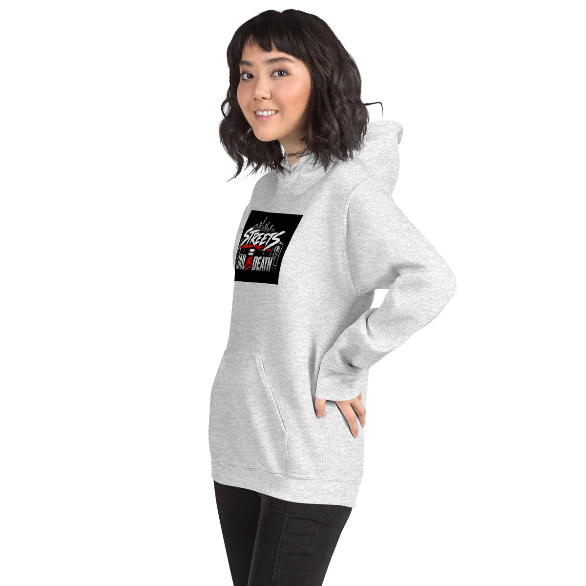 Unisex heather gray hoodie with hood and front pocket; Streets Jail or Death graphic on front.