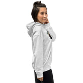 Light gray unisex pullover hoodie with hood, kangaroo pocket, and chest graphic