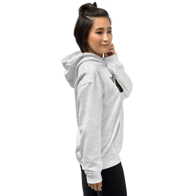 Light gray unisex pullover hoodie with hood, kangaroo pocket, and chest graphic