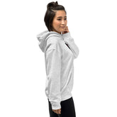 Grey unisex pullover hoodie with hood and kangaroo pocket, side profile