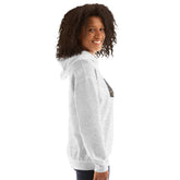 Light gray unisex hoodie with front photo graphic and kangaroo pocket