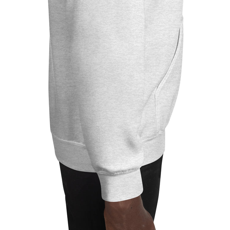 Light gray unisex hoodie side panel with curved hem and pocket seam