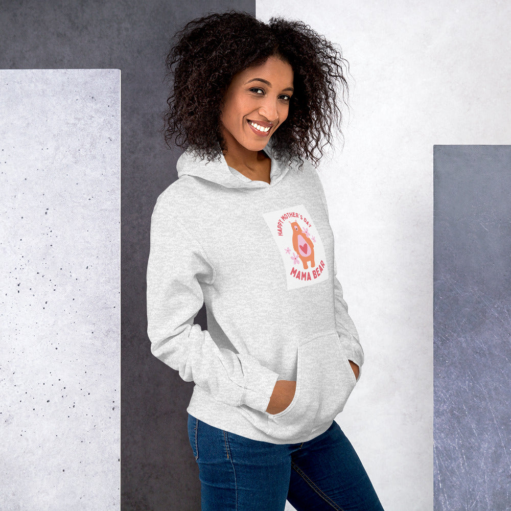 Heather gray hoodie, “Mama Bear” front print and kangaroo pocket, front view