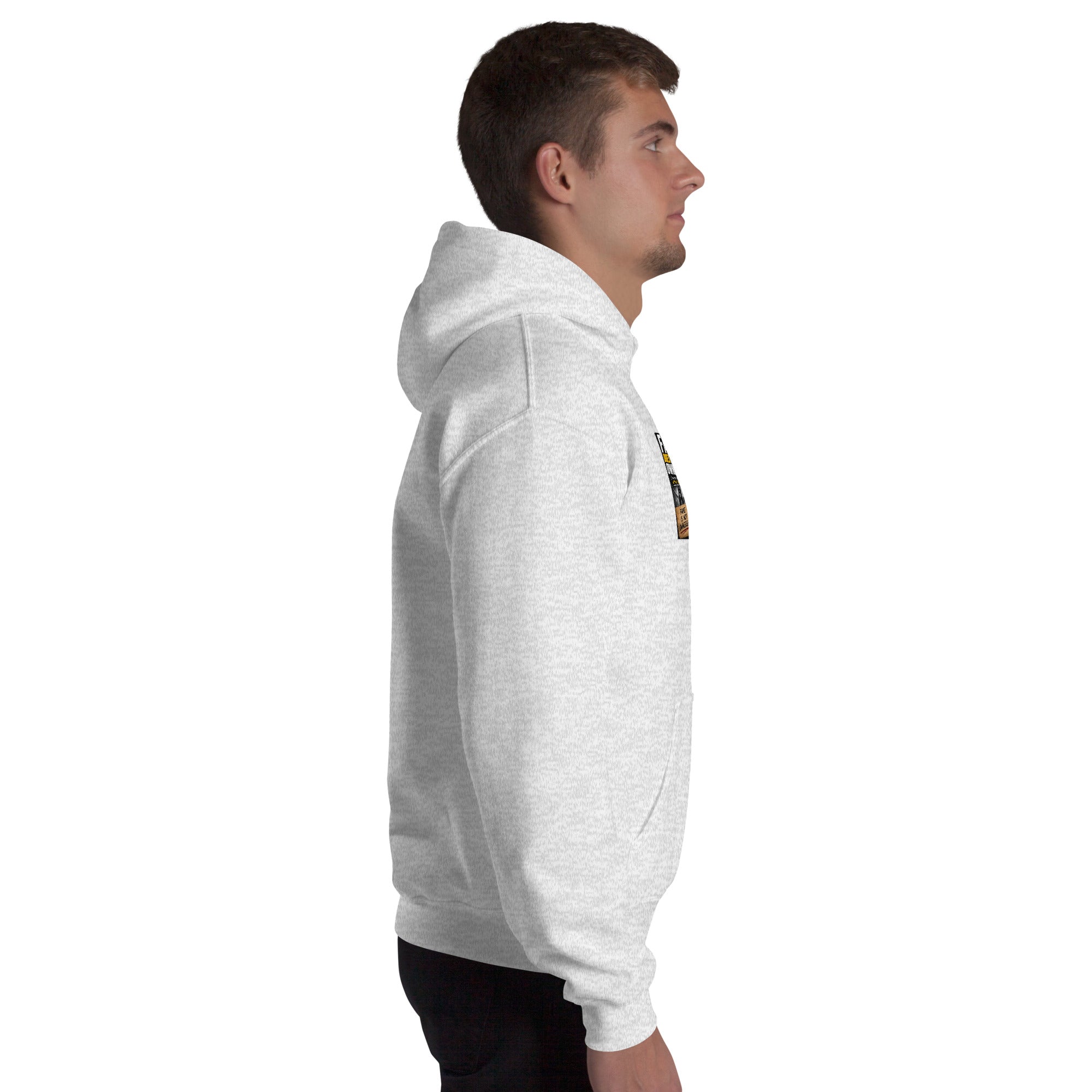 Unisex light gray hoodie, side view with front kangaroo pocket and hood.