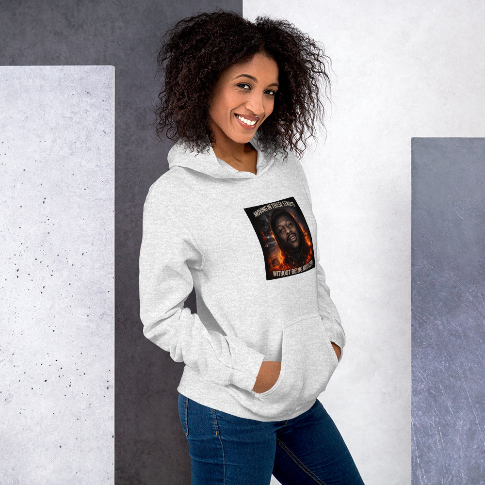 Light gray hoodie with hood and front pocket, graphic chest print visible