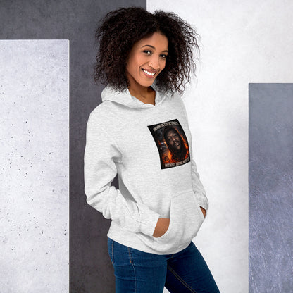 Light gray hoodie with hood and front pocket, graphic chest print visible