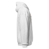 Light gray unisex pullover hoodie side view with sleeve graphic, drawstring hood, pocket.