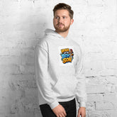 Light heather unisex hoodie with colorful front graphic and kangaroo pocket