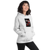 Unisex heather gray hoodie with hood, kangaroo pocket, and chest graphic print