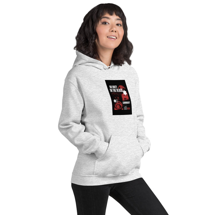 Unisex heather gray hoodie with hood, kangaroo pocket, and chest graphic print