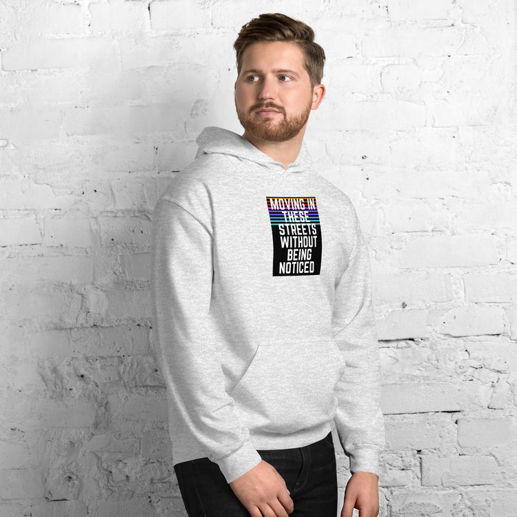 Unisex hoodie, light gray, front view with chest graphic and kangaroo pocket.