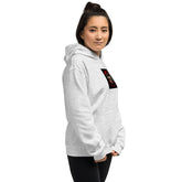 Light gray unisex hoodie with front pocket and hood, chest graphic patch
