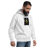 Unisex hoodie in light gray with hood and front pocket, side view with black graphic