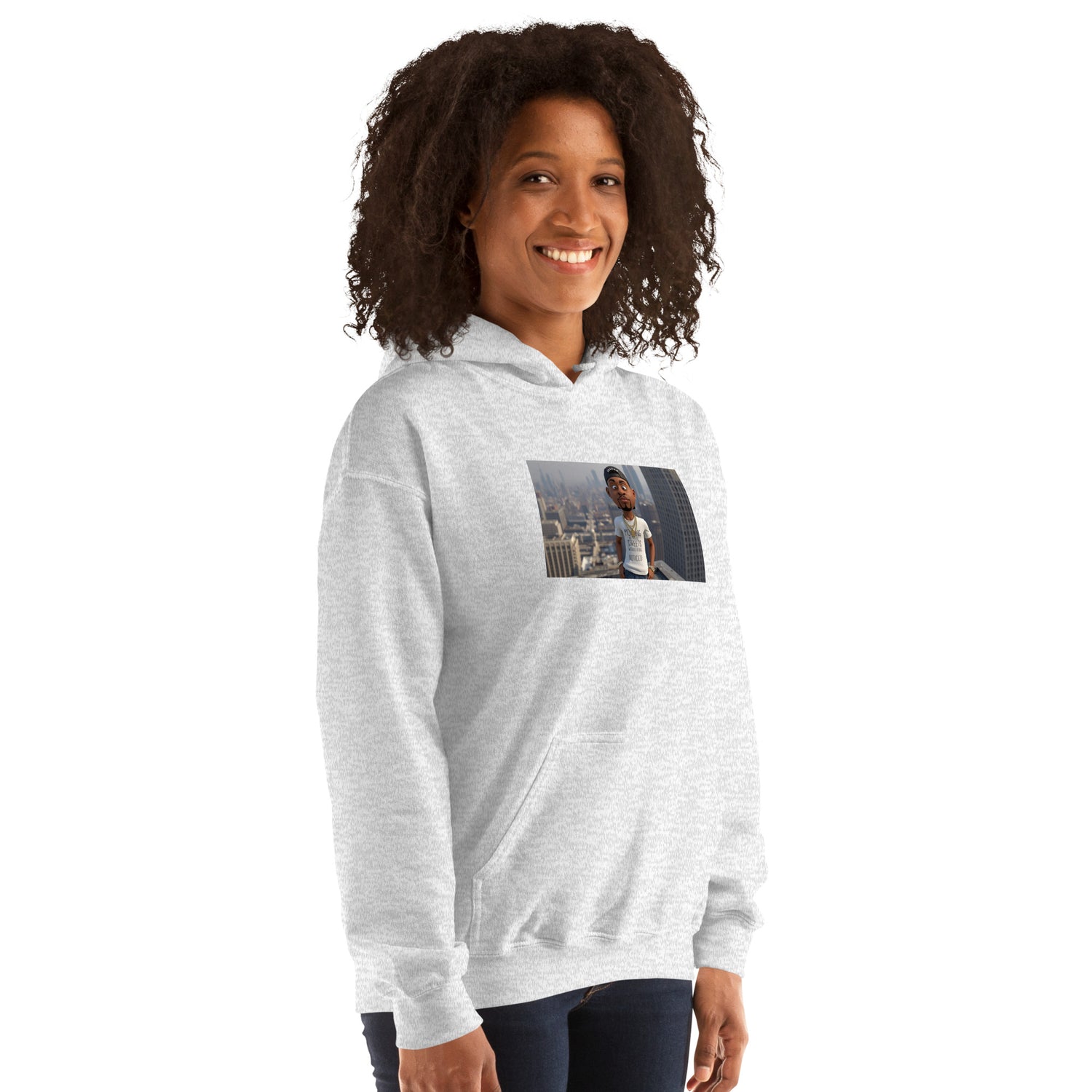 Unisex hoodie, heather gray, front view; chest photo graphic and kangaroo pocket