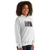 Light gray unisex hoodie with hood and front photo graphic