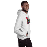 Unisex heather gray hoodie with colorful chest graphic, hood and front pocket