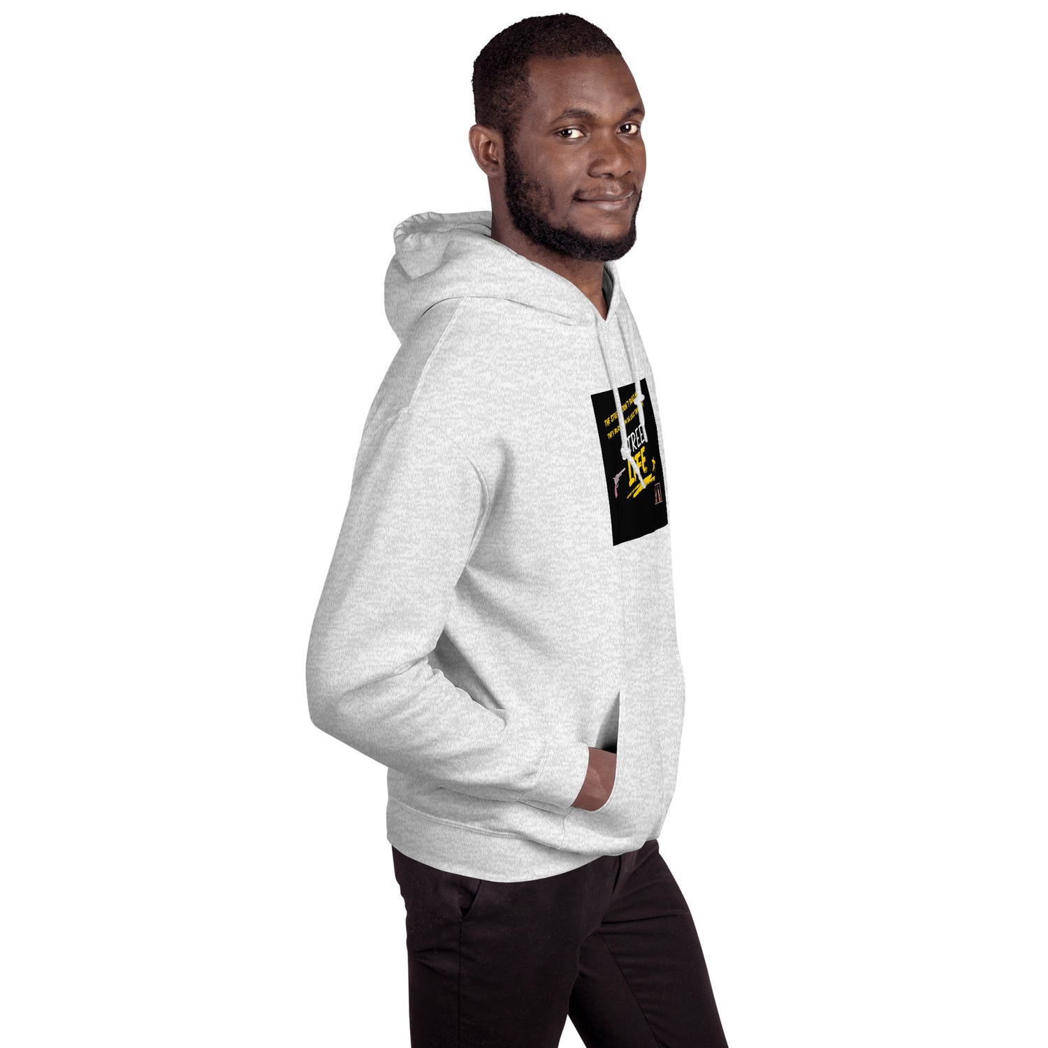 Light gray heather hoodie, chest graphic patch and full hood from the side