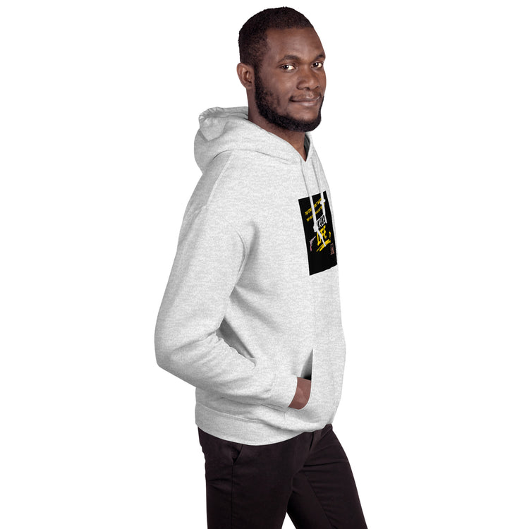 Light gray unisex hoodie with hood and chest graphic from side angle