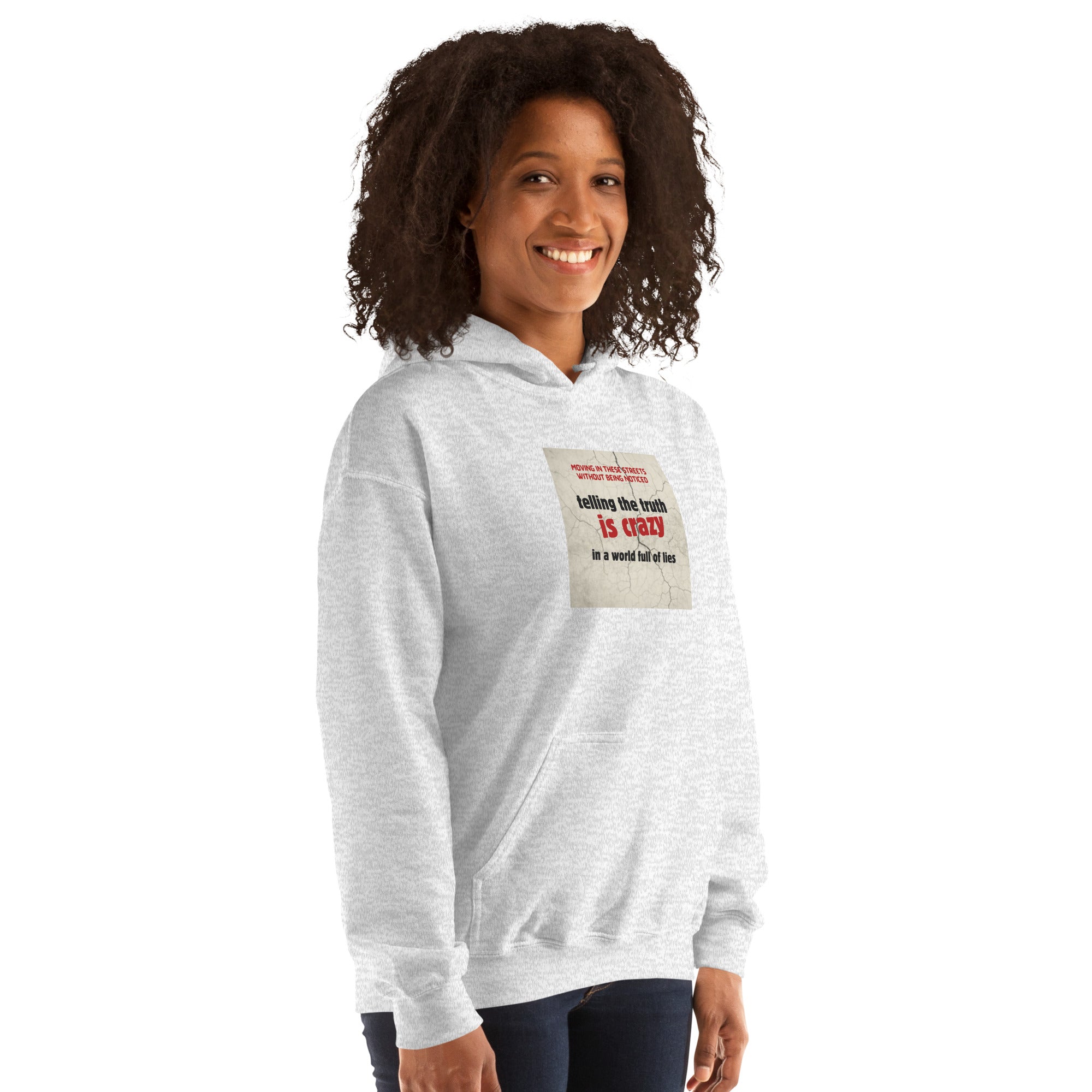 White unisex hoodie with chest graphic and kangaroo pocket