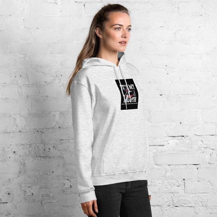 Light gray unisex hoodie with drawstring hood and front logo patch