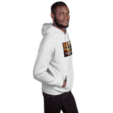 Light gray unisex hoodie with colorful chest graphic, side view
