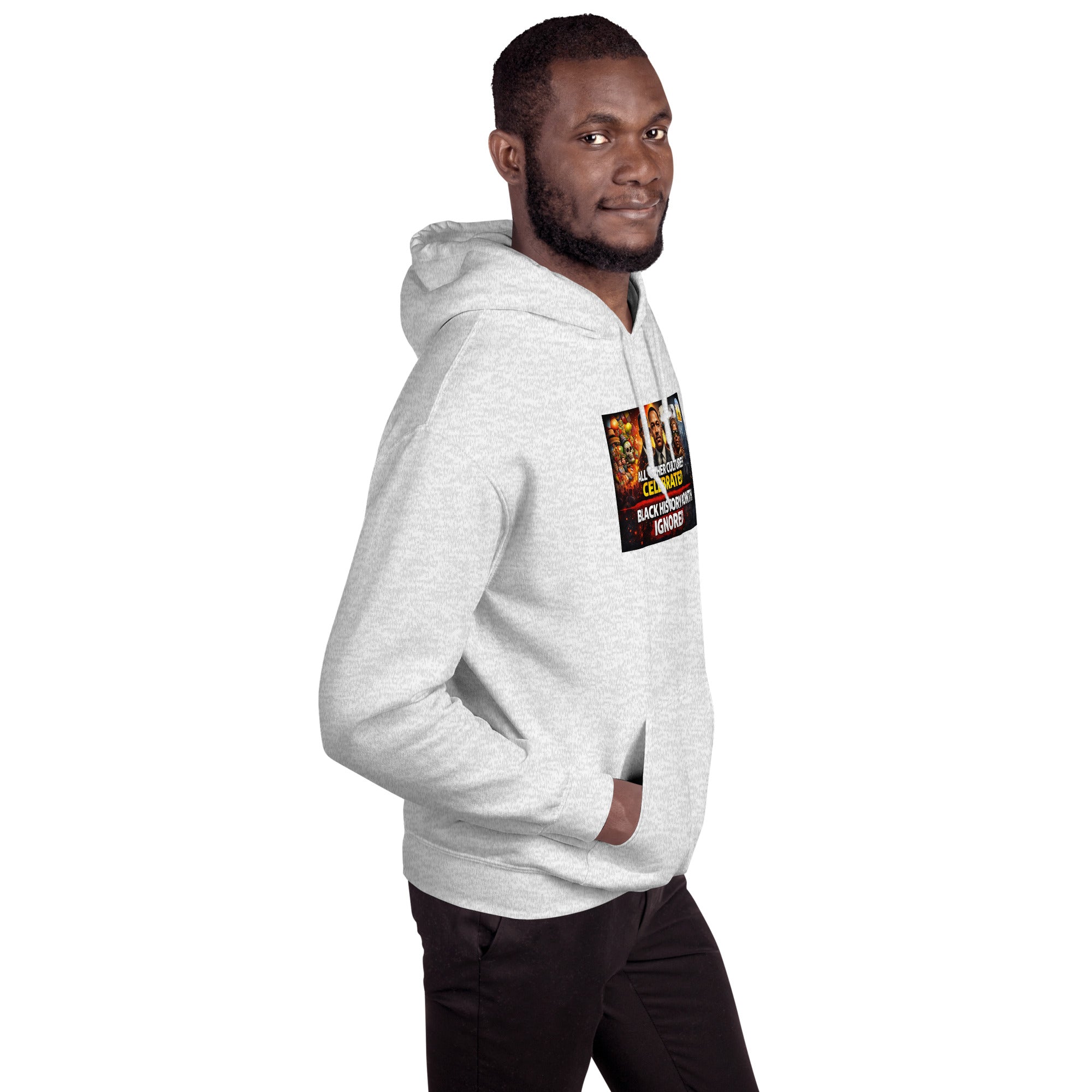 Dark heather gray unisex hoodie with front logo graphic and kanga-style front pocket