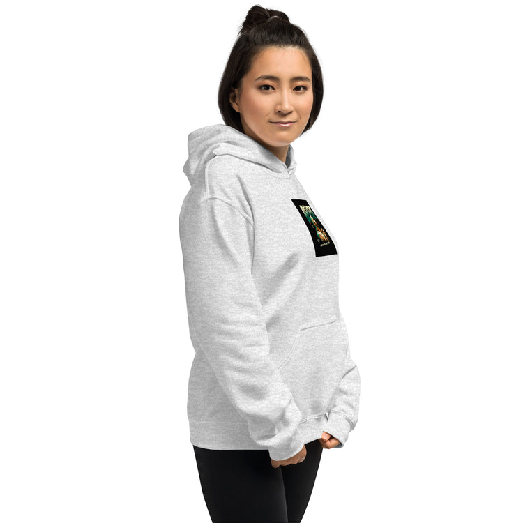 Light grey unisex hoodie with hood, sleeve-to-chest graphic, kangaroo pocket