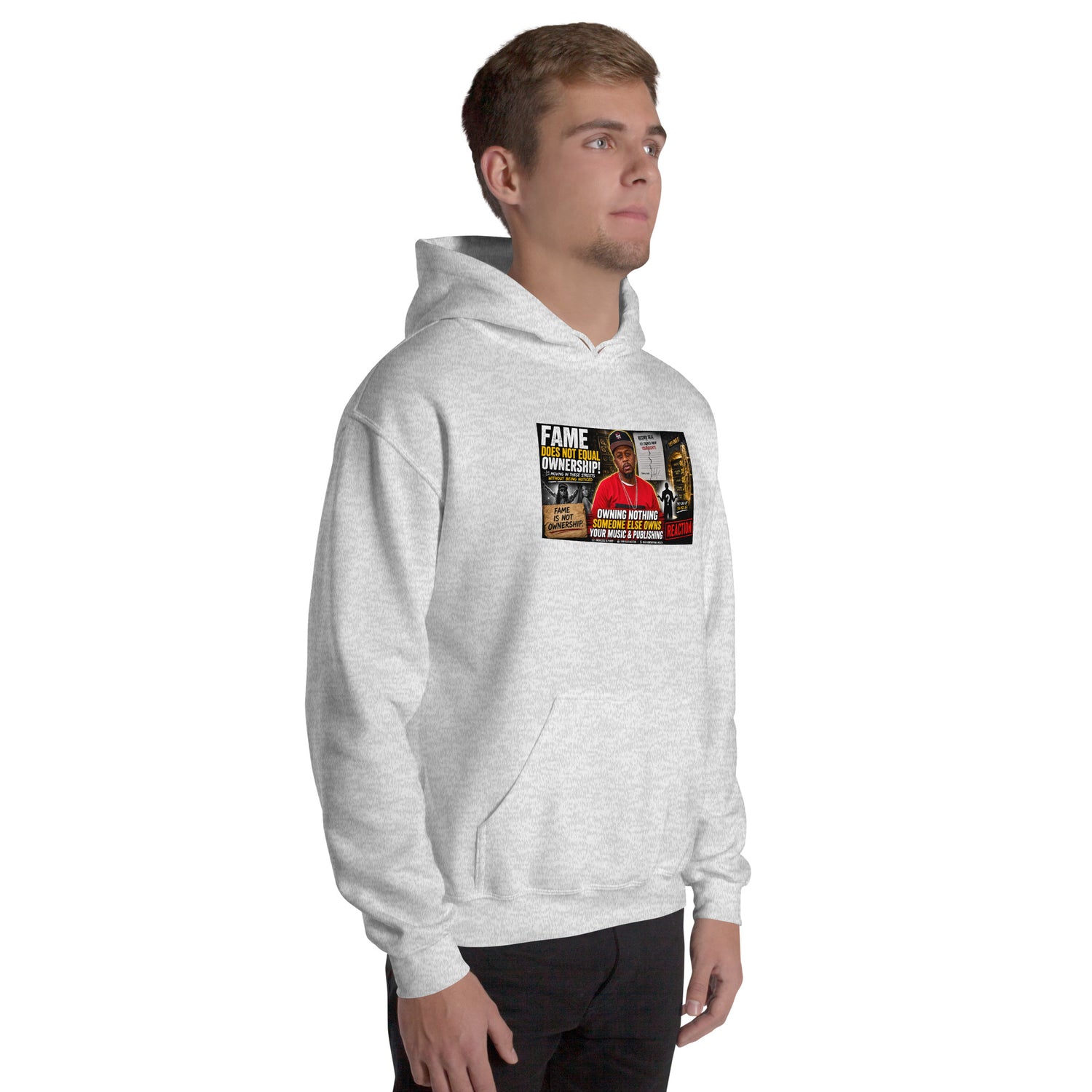 Unisex light gray hoodie with chest graphic print, front view and hood.