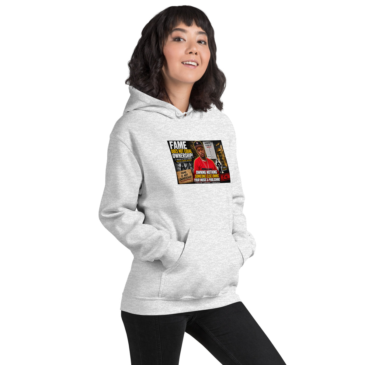 Light heather gray unisex streetwear hoodie with centered chest graphic, front view