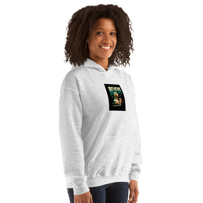 Light gray pullover hoodie with hood, kangaroo pocket, and chest graphic print.