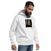 Light gray pullover hoodie with front graphic patch, hood, and kangaroo pocket