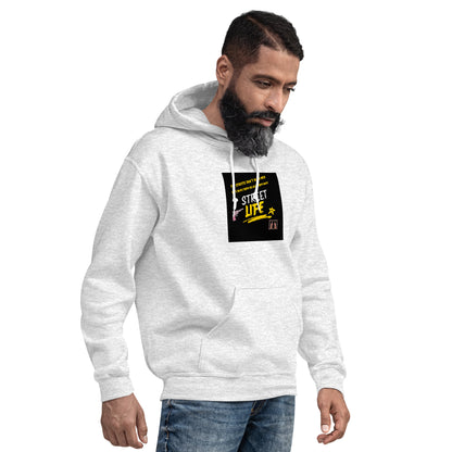 Light gray pullover hoodie with front graphic patch, hood, and kangaroo pocket