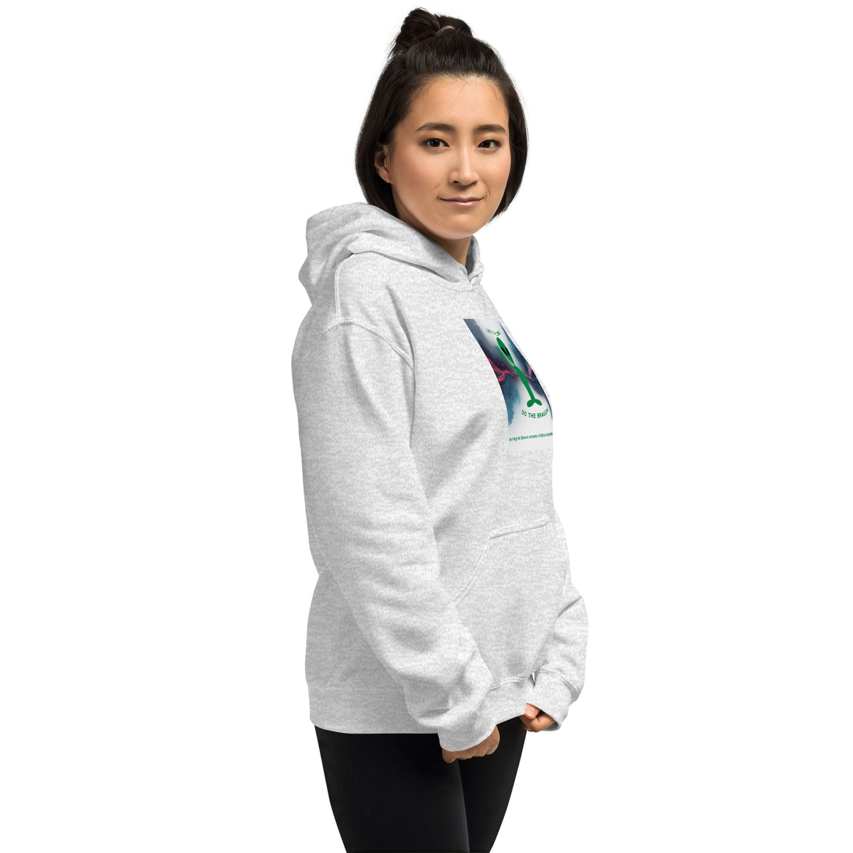Light gray pullover hoodie with chest graphic, hood, and kangaroo pocket