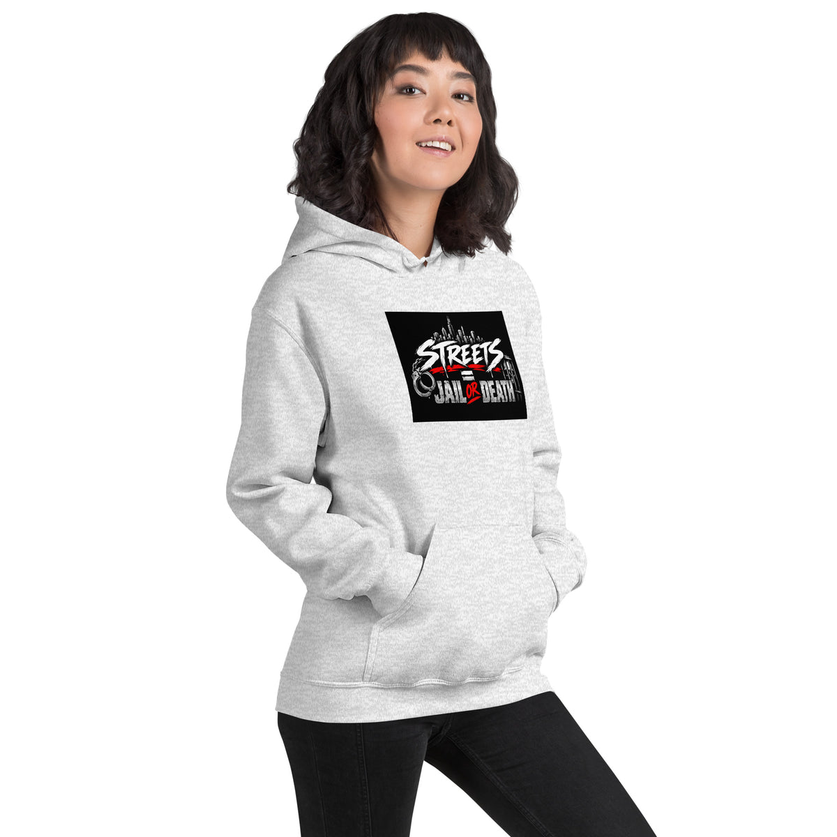 Unisex heather gray hoodie with hood and front pocket; chest graphic and drawstring visible.