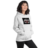 Unisex heather gray hoodie with hood and front pocket; chest graphic and drawstring visible.