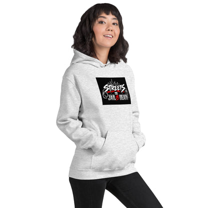Unisex heather gray hoodie with hood and front pocket; chest graphic and drawstring visible.