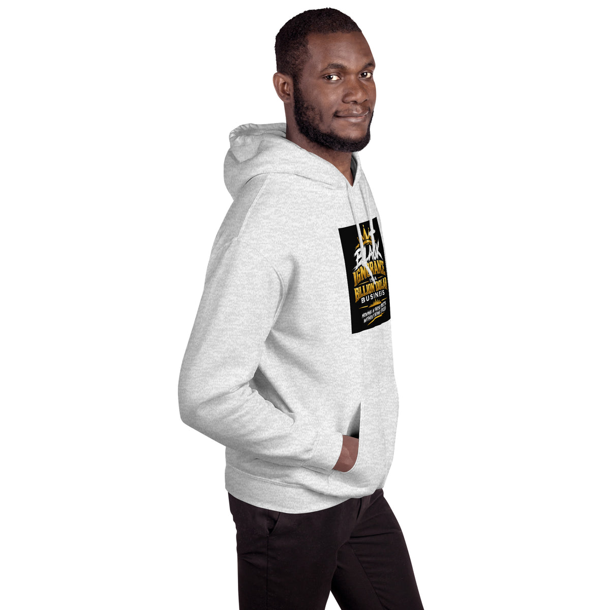Light gray unisex hoodie with chest graphic print, hood and front pocket